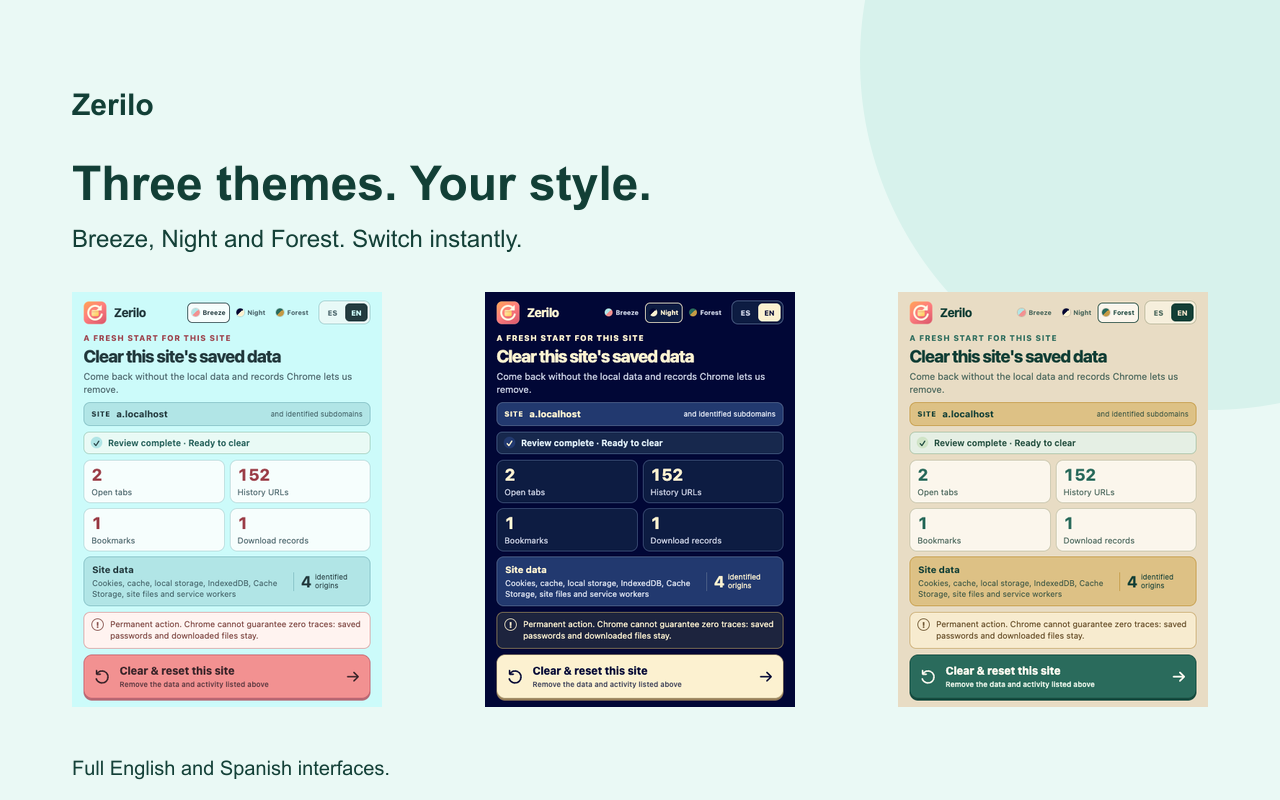 Actual Zerilo interface in Breeze, Night and Forest themes